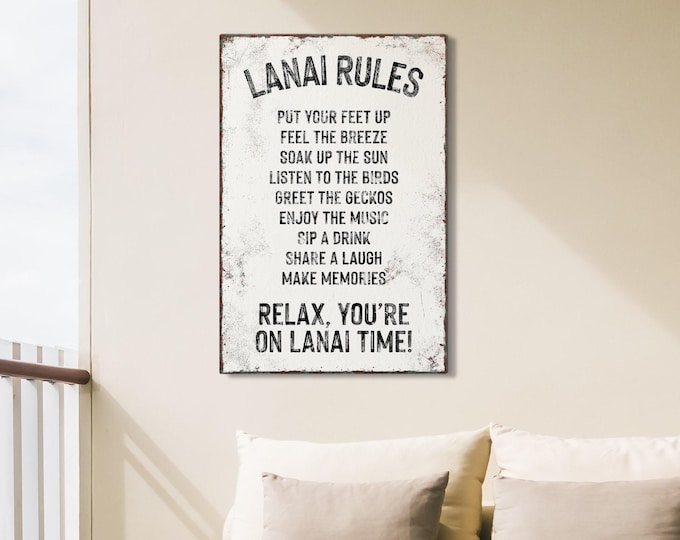 Indoor Outdoor Gift, Lanai Rules Sign in Black and White, Distressed Patio and Poolside Decor