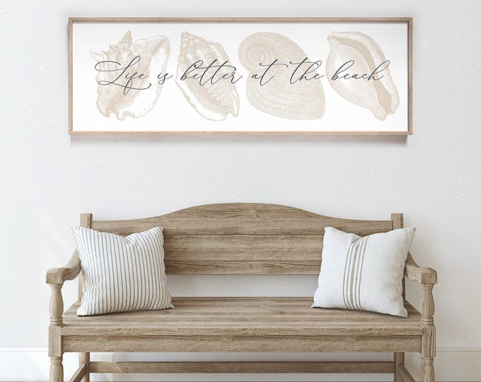 Coastal Palette Seashell Sign, Neutral White Beach House Wall Art