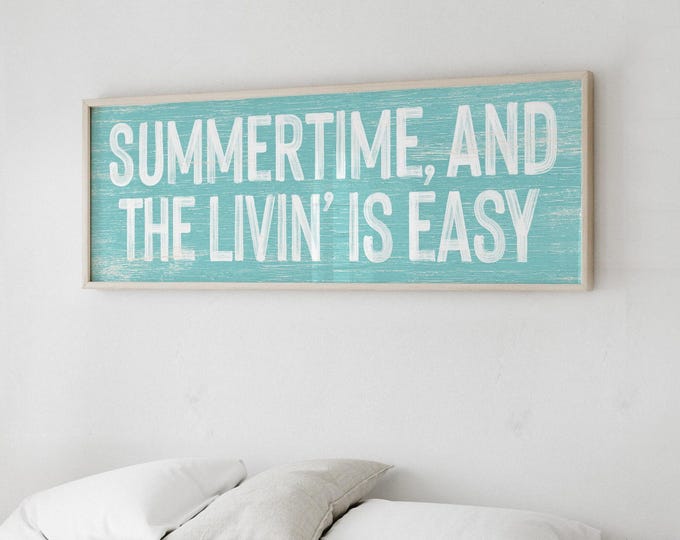 Bright Aqua Blue Wall Art Print for Beach House Decor, "Summertime and the Livin' is Easy", Large Canvas or Outdoor Aluminum Sign