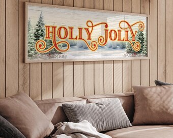 Christmas Tree Wall Art, Holly Jolly Snowy Evergreens in Ornate Barn Red and Gold, Long Sign