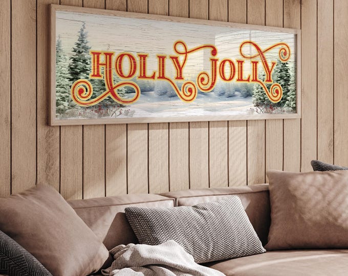 Holly Jolly Snowy Tree Art in Ornate Barn Red and Gold