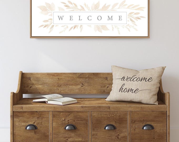 Large Framed Print, Neutral Welcome Sign, Tan Beige Dried Foliage Wall Art, Entry Gift