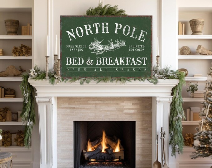 North Pole Print, Bed and Breakfast Sign with Free Sleigh Parking in Cream on Forest Green