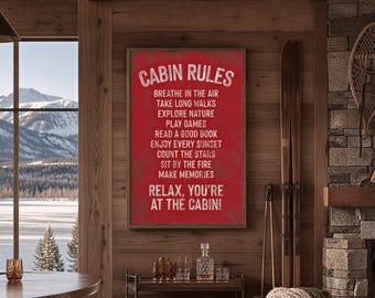 Red Cabin Sign, House Rules in White Lettering for the Hallway or Mudroom