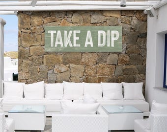 Take A Dip Wall Art, Bold White On Seagrass Sage Green, Wide Poolside Gift