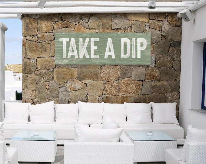 Take A Dip Wall Art, Bold White On Seagrass Sage Green, Wide Poolside Gift