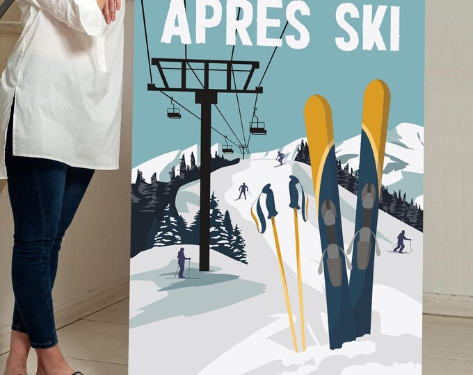 Snowy Pine Trees Ski Poster, APRES SKI Chairlift Print on Pale Blue, Tall Winter Wall Art