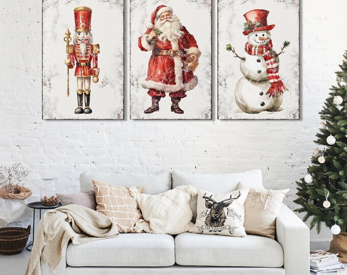 Christmas Triptych Wall Art, Cream Santa Snowman Nutcracker Set of 3 Panels