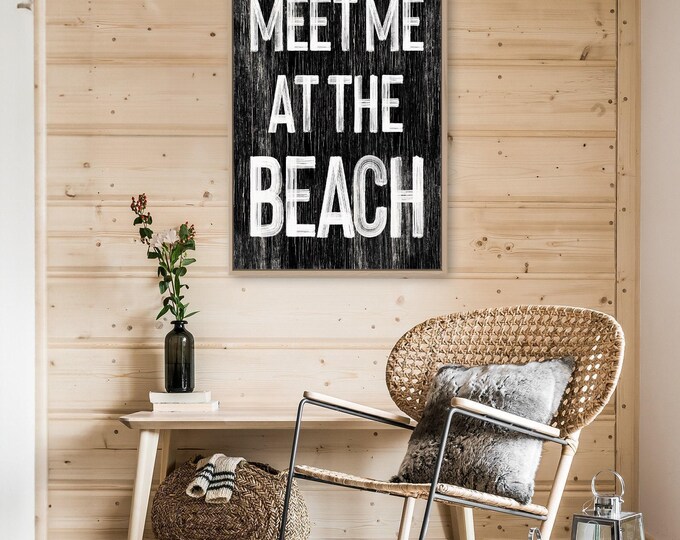 Coastal Wall Art – Vintage Black & White “Meet Me at the Beach” Sign