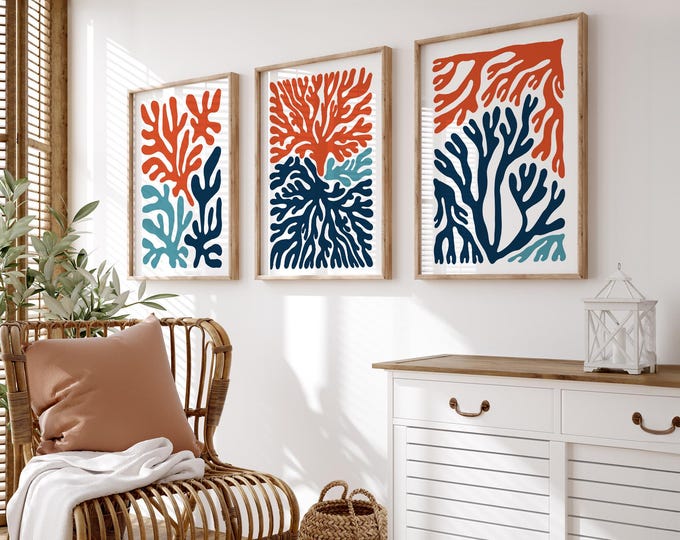 Coral Triptych Wall Art, 3 Piece Framed Canvas Print Set, Modern Beach Home Decor, Gift for Ocean Lover, Blue and Orange, Seaweed • 331