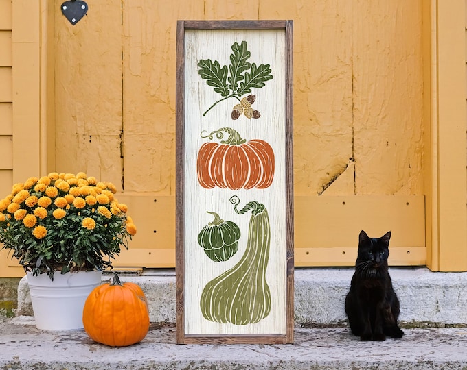 Tall Vertical Fall Harvest Sign, Pumpkin Decor for Porch, Metal Outdoor Option Available, Large Fall Porch Sign, Pumpkin, Acorns, Gourds, 07