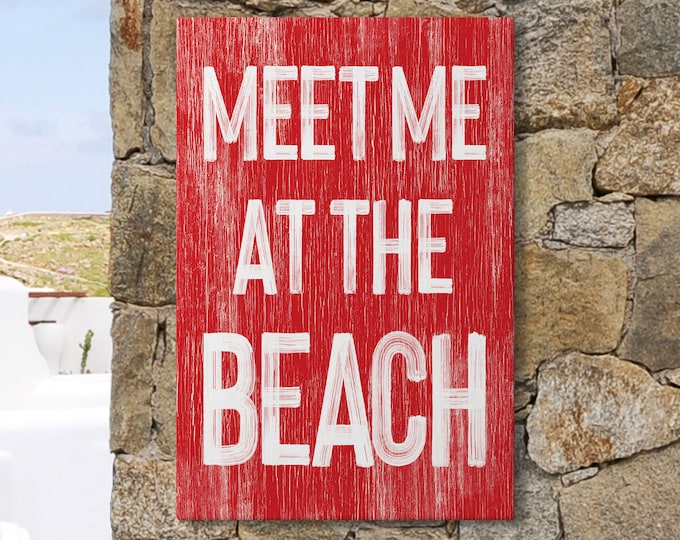 Vintage Meet Me at the Beach Sign, Red Beach Canvas Print for Modern Farmhouse Decor, Beach Themed Home Decoration, Fun Beach Sign, Real Red