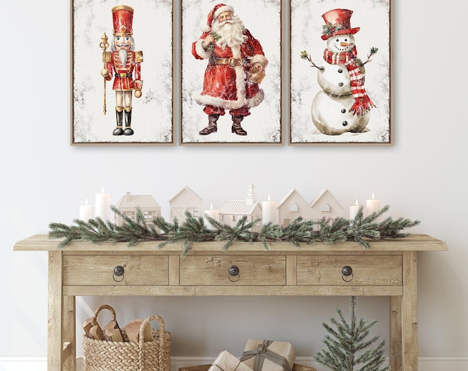 Vintage Christmas Triptych Set - Farmhouse Style Holiday Decor