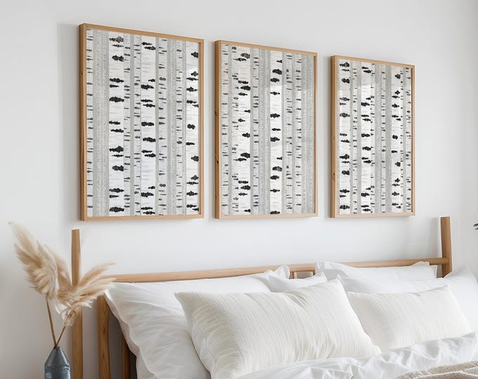 White Birch Tree Triptych, Panoramic Nature-Inspired Prints, Neutral Wall Art Set of 3 Signs, Black and White Abstract Art, Birch 12+13+14