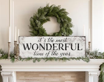 Modern Farmhouse Christmas Canvas Wall Art, Rustic White and Black Lettering, It's the Most Wonderful Time of the Year Sign for Above Couch