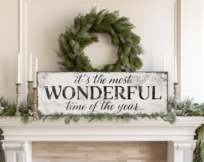Modern Farmhouse Christmas Canvas Wall Art, Rustic White and Black Lettering, It's the Most Wonderful Time of the Year Sign for Above Couch