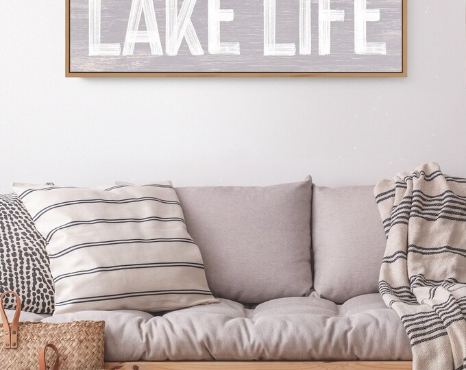 Rustic Vintage Print, Lake Life Sign in Weathered Gray and White, New Home Gift