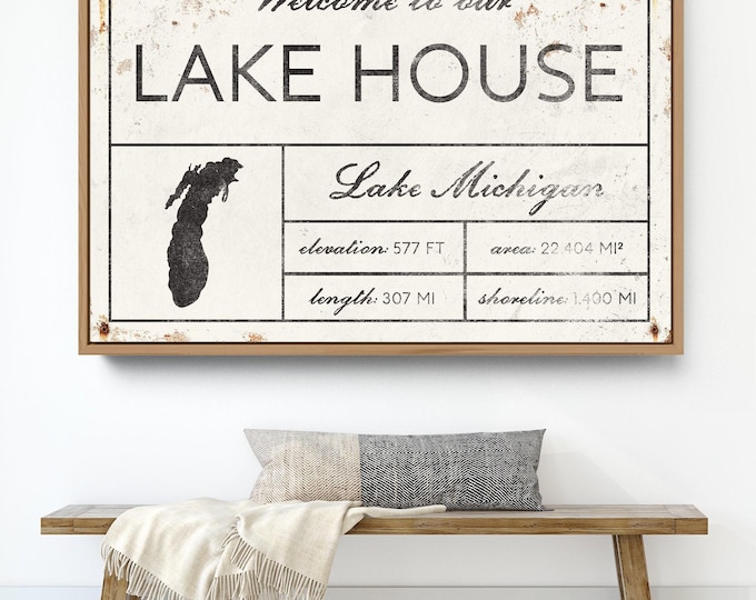Welcome to our LAKE HOUSE sign, vintage Lake Michigan canvas for above couch, extra large framed modern farmhouse decor, White Rusted Screws
