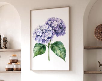 紫色の紫陽花をモチーフにした壁掛けアート、エレガントなリビングルームの植物画
