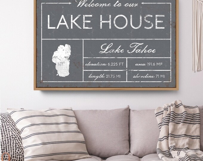 Welcome to our LAKE HOUSE sign, vintage Lake Tahoe canvas for above couch, extra large framed modern farmhouse decor, gray lake wall art