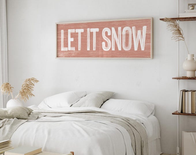 Vintage Let It Snow Sign, Coral Winter Decor, Canvas Paper or Aluminum, Multiple Sizes and Frames Available, Painted Words on Wood Style