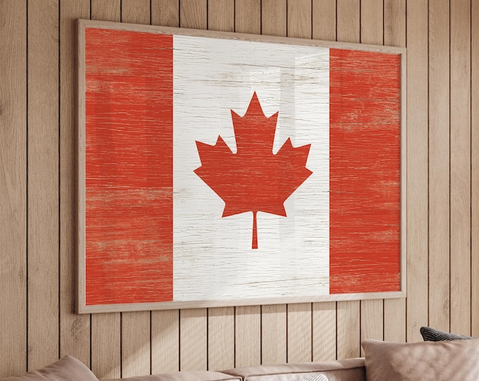 Vintage Flag Sign, Patriotic Decor, Maple Leaf, Retro Canada Wall Art, Framed Canvas Print, Large Canadian Flag, Farmhouse Style