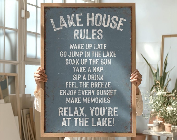 Vacation Home Wall, Slate Blue Lake House Rules Sign, Cabin Art Gift for Him