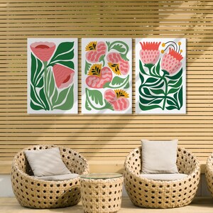 Pink Floral Canvas, 3 Piece Set of Flower Wall Art, Set of 3 Modern Art ...