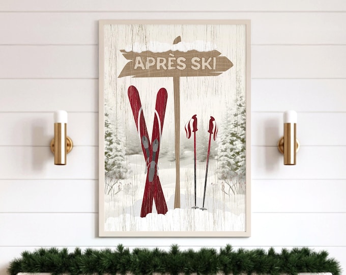 Vintage Après Ski Wall Art: Maroon Lodge Decor on Canvas or Metal