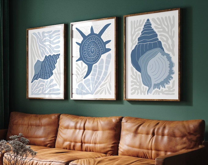 Seashell Art Set of 3 Prints, Dusty Blue Conch Spiral and Whelk Shells, Coastal Wall Decor