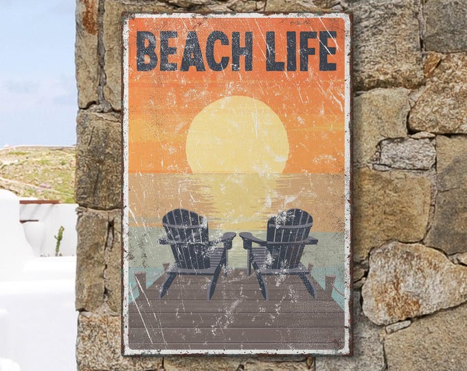 Retro Sunset Beach Print, Two Adirondack Chairs on the Dock, Vintage Coastal Wall Art