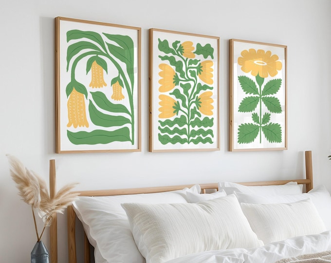 Tropical Flower Triptych Wall Art — Yellow Jungle Canvas Set, Botanical Decor