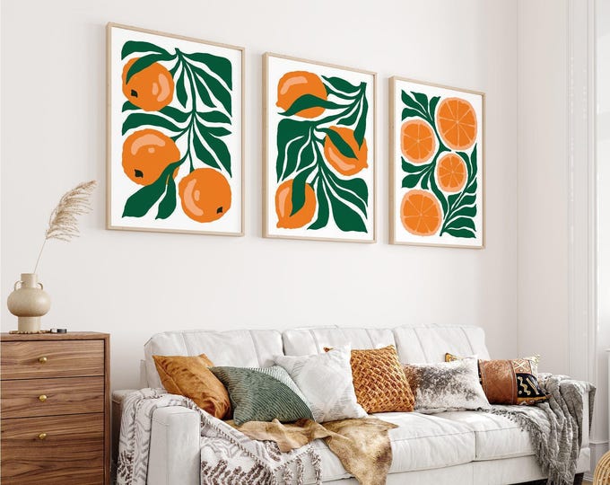 Orange Citrus Triptych Wall Art, Modern Botanical Kitchen Canvas Set of 3