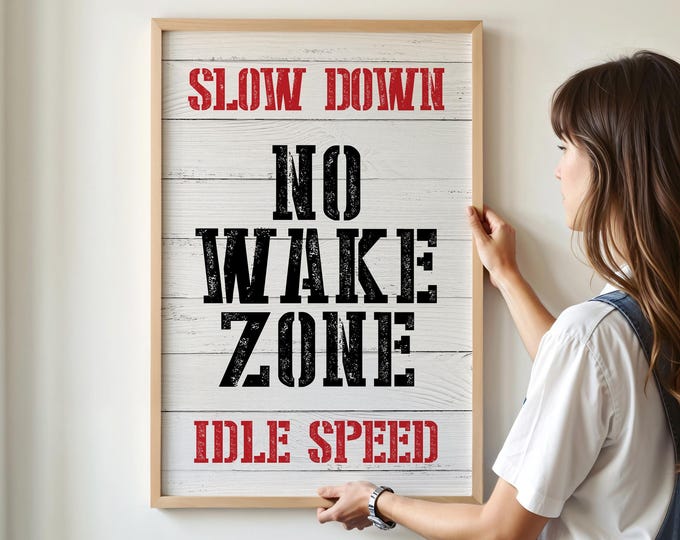 No Wake Zone Wall Art: Retro Nautical Style - Black & Red Print