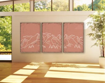 Triptych Art in Coral Pink, 3 Panel White Line Ridge Wall Set for Bedroom and Cabin Decor