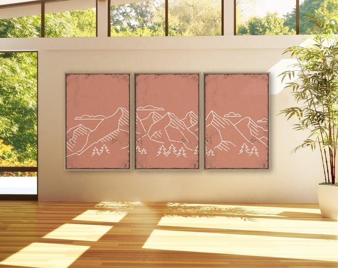 Triptych Art in Coral Pink, 3 Panel White Line Ridge Wall Set for Bedroom and Cabin Decor