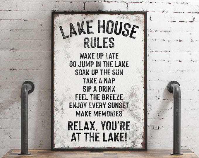 Lake Gift Idea, Art Print Above Bed, Home Decor, Vintage Lakehouse Canvas Sign, Distressed Rustic Wall Hanging, Perfect Vacation Rental Gift