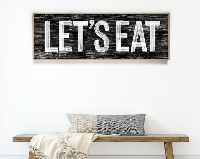 LET'S EAT Sign in black and white, faux weathered wood, seasonal wall art, holiday wall print, vintage farmhouse, long horizontal wall art