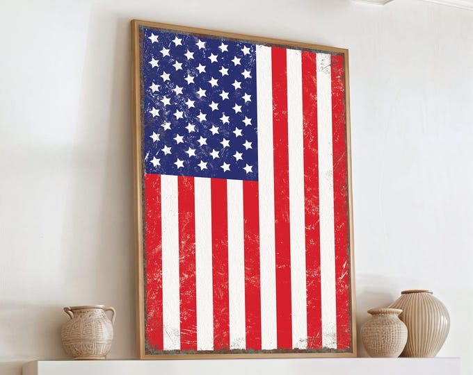 Vintage American Flag Print, Distressed USA Flag Sign, American Flag Canvas Print, USA Gift for Him, Metal American Flag Wall Art, Farmhouse