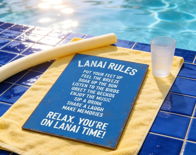 Lanai Rules Sign, Ocean Blue Distressed Typography, Patio Decor Pool Gift