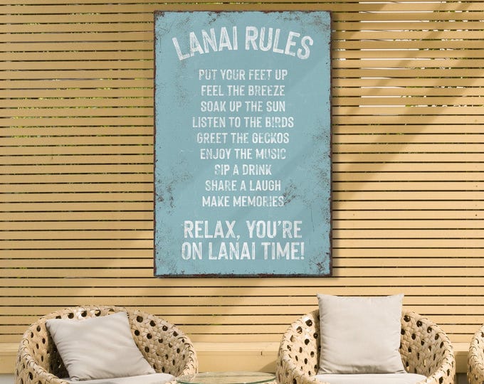 Lanai Rules Sign, Powder Blue Distressed Canvas Wall Art, Vacation Home Gift
