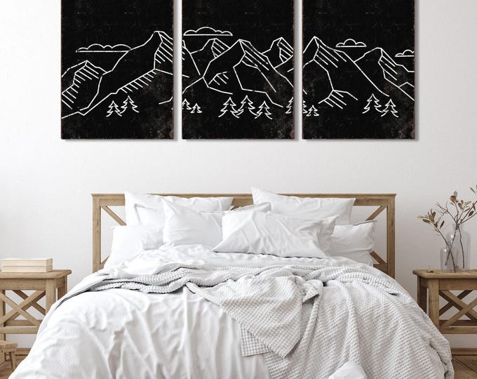 Lodge Cabin Decor, White Mountain Range Triptych On Black, Housewarming Gift For Skiers
