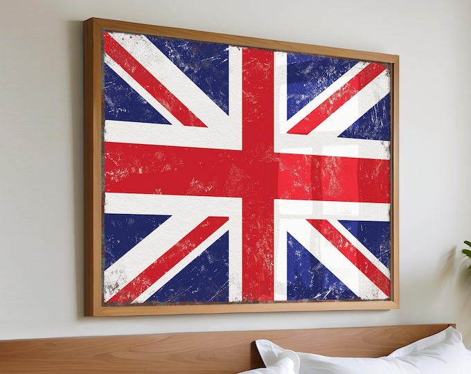 Framed UK Flag, Distressed Union Jack in Navy Red and White, Rustic Wall Art