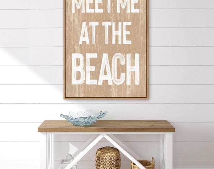 Meet Me At The Beach Sign, Retro Beach House Decor, Rustic Wood Frame, Coastal Wall Art, Vacation Rental Gift, Beige Canvas Print