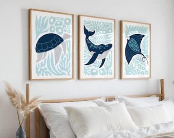 Ocean Triptych Wall Art – Set of 3 Modern Coastal Prints for Beach House Decor