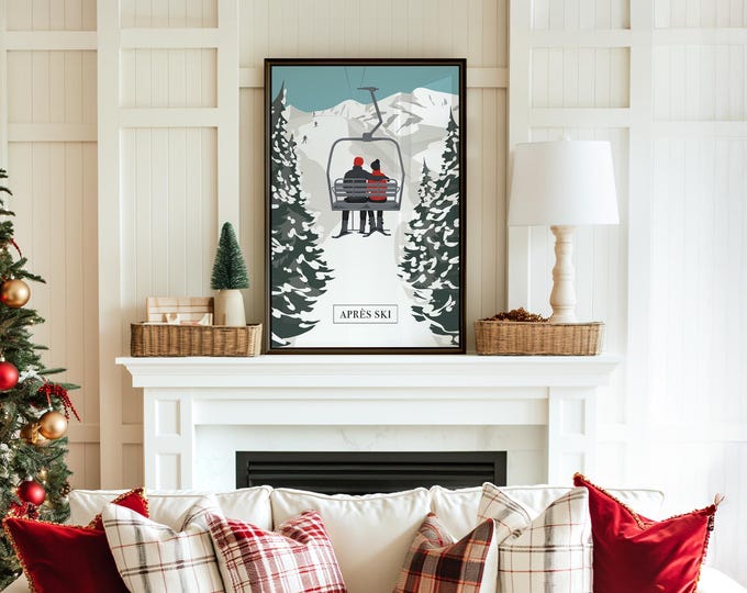 Ski Lodge Home Decor, Apres Ski Chairlift Poster with Two Red Riders, Teal Sky Cabin Print