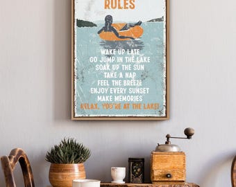 Vintage LAKE HOUSE RULES Sign in Orange with Woman Tubing, Large Lake Wall Print, Retro Tube Poster for Lake House Decor, Canvas or Aluminum