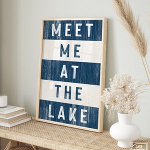 Lake House Wall Art, Retro Lake Sign, Nautical Lake Art, Vintage Canvas Print, Navy White Stripes, Charming Lake Decor Gift