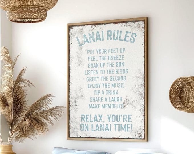 House Rules Sign, Blue Lanai Word Art, White Distressed Patio Wall Decor