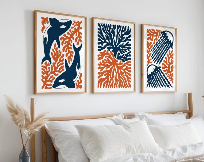 Ocean Life Triptych Wall Art: Whales, Jellyfish, Coral in Blue & Orange